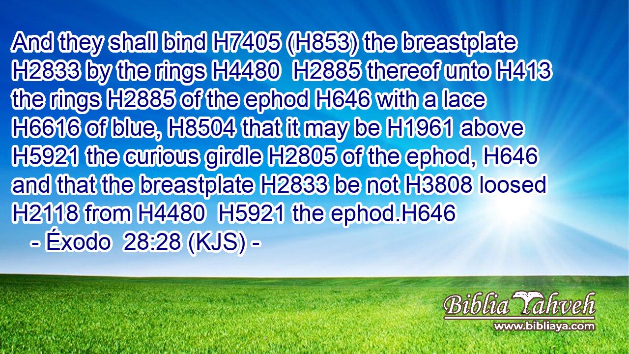 And they shall bind H7405 (H853) the breastplate H2833 by the rings H4480  H2885 thereof unto H413 the rings H2885 of the ephod H646 with a lace H6616 of blue, H8504 that it may be H1961 above H5921 the curious girdle H2805 of the ephod, H646 and that the breastplate H2833 be not H3808 loosed H2118 from H4480  H5921 the ephod.H646