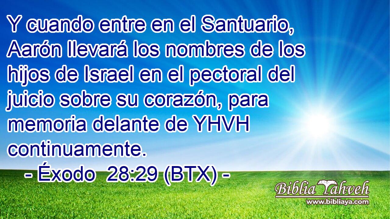 Y cuando entre en el Santuario, Aarón llevará los nombres de los hijos de Israel en el pectoral del juicio sobre su corazón, para memoria delante de YHVH continuamente.