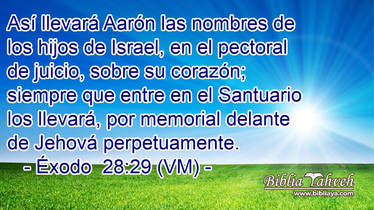  Así llevará Aarón las nombres de los hijos de Israel, en el pectoral de juicio, sobre su corazón; siempre que entre en el Santuario los llevará, por memorial delante de Jehová perpetuamente. 