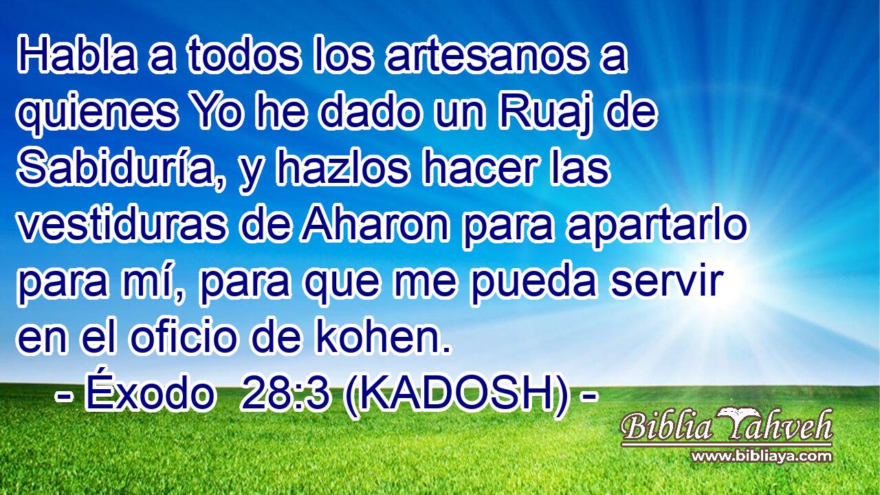  Habla a todos los artesanos a quienes Yo he dado un Ruaj de Sabiduría, y hazlos hacer las vestiduras de Aharon para apartarlo para mí, para que me pueda servir en el oficio de kohen. 