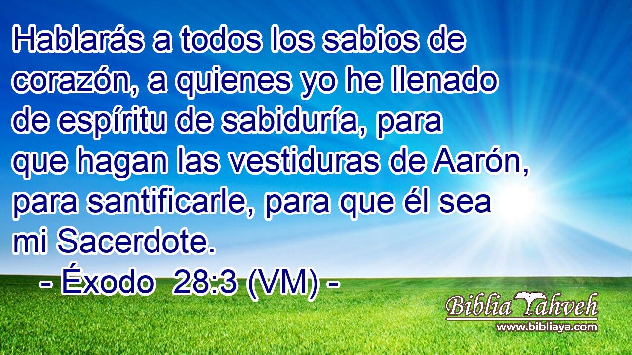  Hablarás a todos los sabios de corazón, a quienes yo he llenado de espíritu de sabiduría, para que hagan las vestiduras de Aarón, para santificarle, para que él sea mi Sacerdote. 