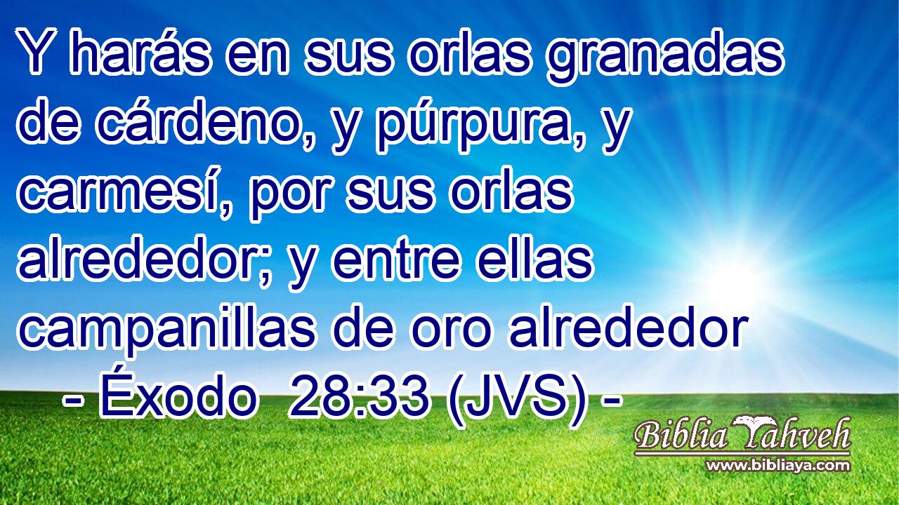 Y harás en sus orlas granadas de cárdeno, y púrpura, y carmesí, por sus orlas alrededor; y entre ellas campanillas de oro alrededor