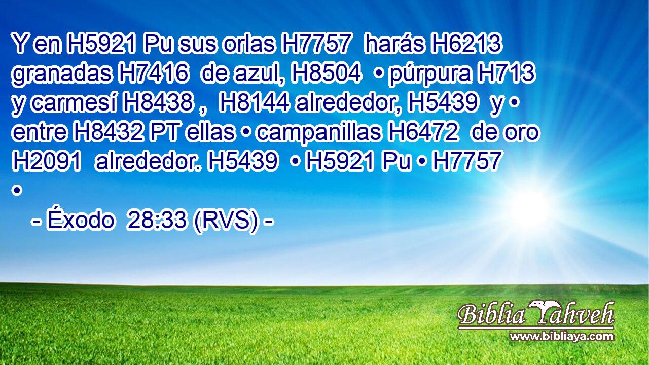 Y en H5921 Pu sus orlas H7757  harás H6213  granadas H7416  de azul, H8504  • púrpura H713  y carmesí H8438 ,  H8144 alrededor, H5439  y • entre H8432 PT ellas • campanillas H6472  de oro H2091  alrededor. H5439  • H5921 Pu • H7757  • 