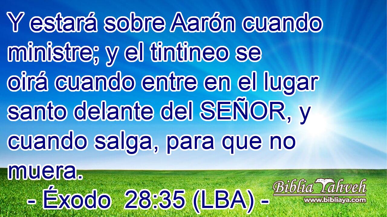 Y estará sobre Aarón cuando ministre; y el tintineo se oirá cuando entre en el lugar santo delante del SEÑOR, y cuando salga, para que no muera.
