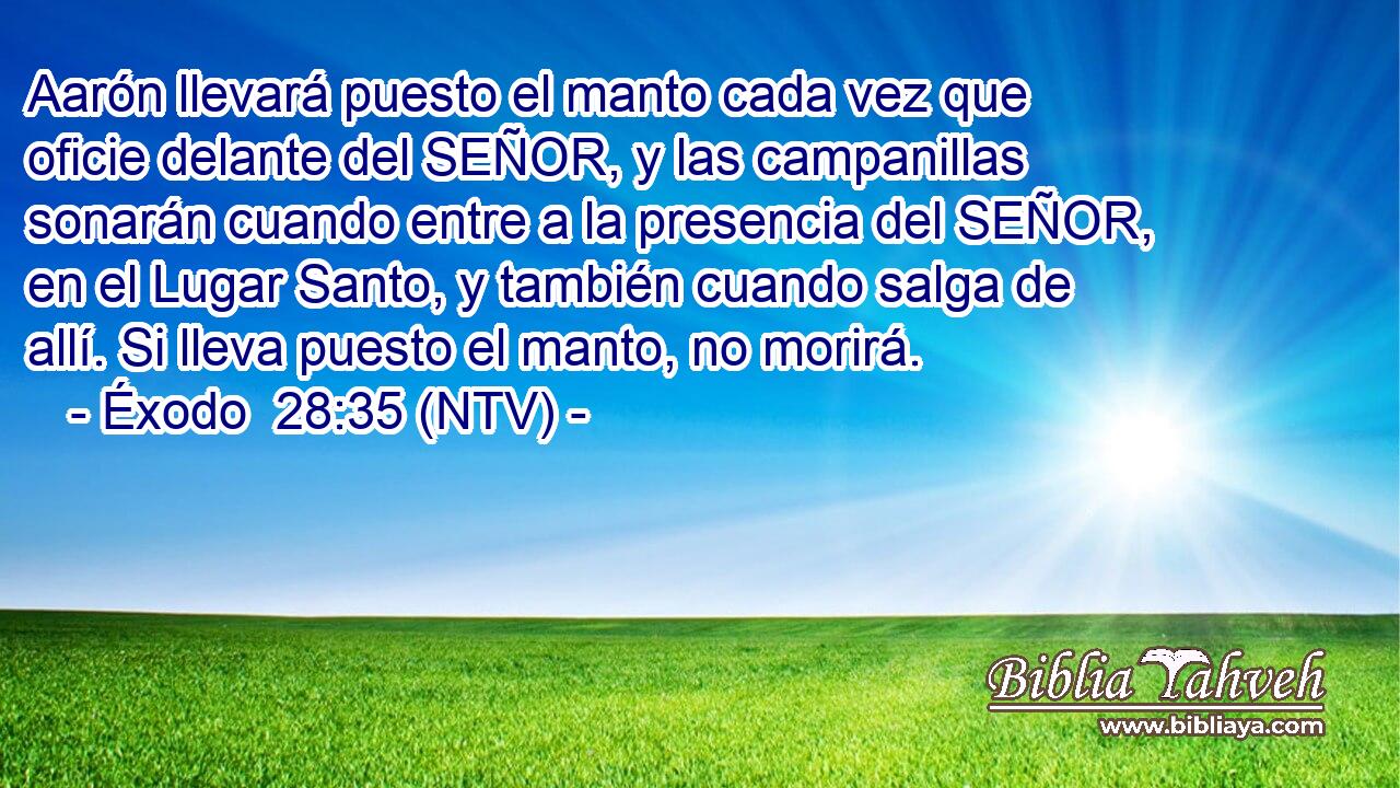 Aarón llevará puesto el manto cada vez que oficie delante del SEÑOR, y las campanillas sonarán cuando entre a la presencia del SEÑOR, en el Lugar Santo, y también cuando salga de allí. Si lleva puesto el manto, no morirá.