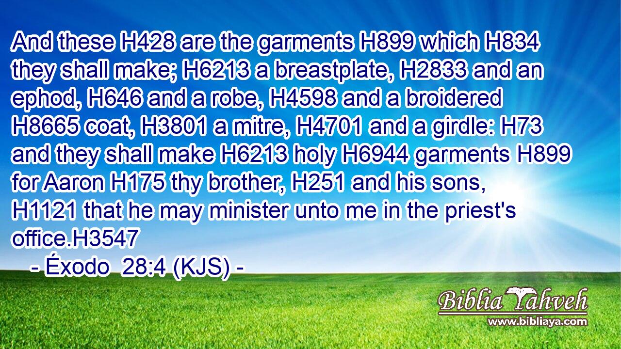 And these H428 are the garments H899 which H834 they shall make; H6213 a breastplate, H2833 and an ephod, H646 and a robe, H4598 and a broidered H8665 coat, H3801 a mitre, H4701 and a girdle: H73 and they shall make H6213 holy H6944 garments H899 for Aaron H175 thy brother, H251 and his sons, H1121 that he may minister unto me in the priest's office.H3547
