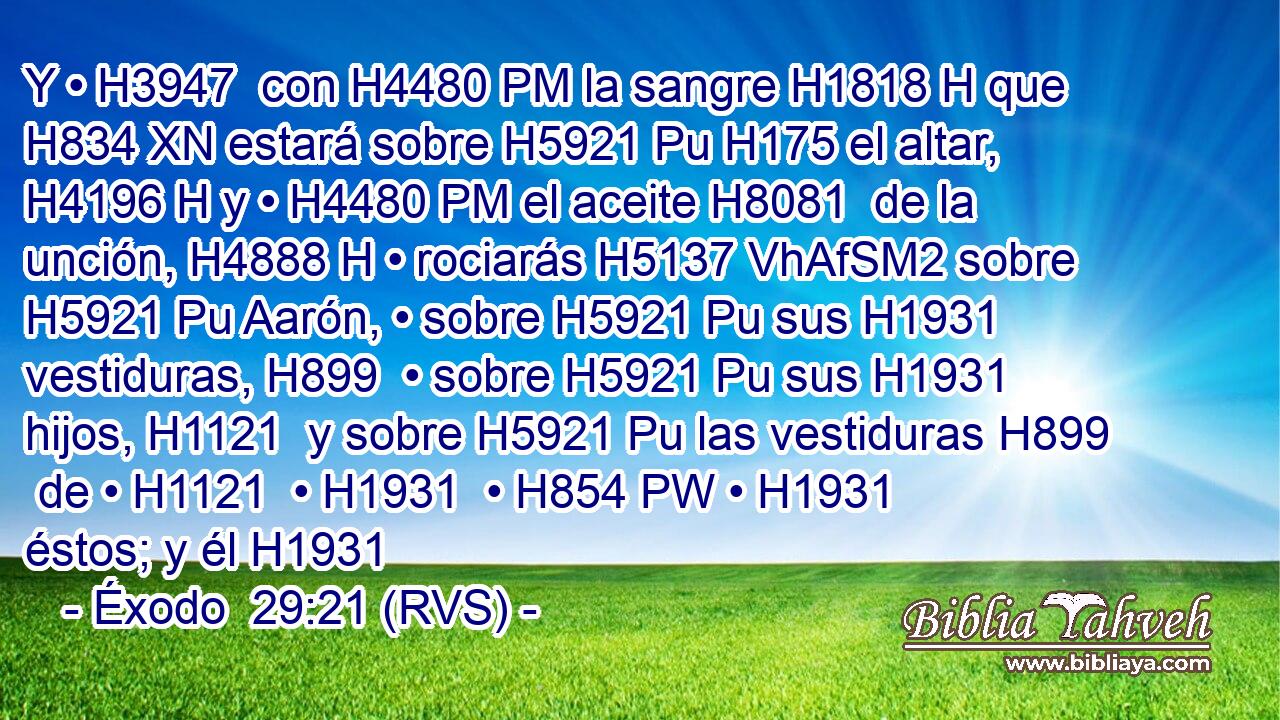 Y • H3947  con H4480 PM la sangre H1818 H que H834 XN estará sobre H5921 Pu H175 el altar, H4196 H y • H4480 PM el aceite H8081  de la unción, H4888 H • rociarás H5137 VhAfSM2 sobre H5921 Pu Aarón, • sobre H5921 Pu sus H1931  vestiduras, H899  • sobre H5921 Pu sus H1931  hijos, H1121  y sobre H5921 Pu las vestiduras H899  de • H1121  • H1931  • H854 PW • H1931  éstos; y él H1931 