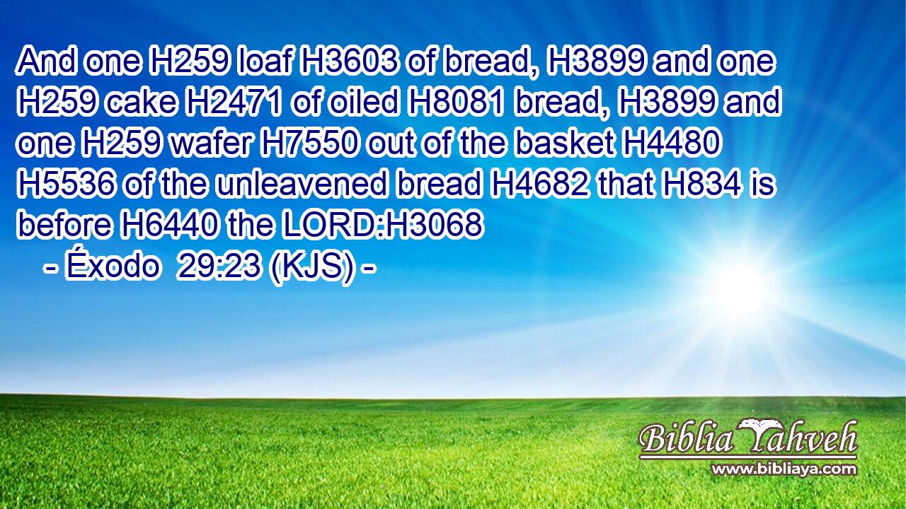 And one H259 loaf H3603 of bread, H3899 and one H259 cake H2471 of oiled H8081 bread, H3899 and one H259 wafer H7550 out of the basket H4480  H5536 of the unleavened bread H4682 that H834 is before H6440 the LORD:H3068