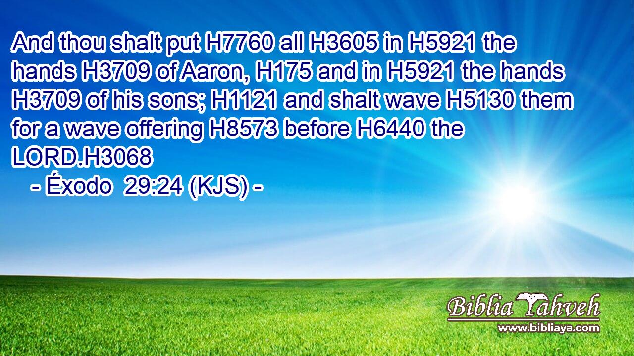 And thou shalt put H7760 all H3605 in H5921 the hands H3709 of Aaron, H175 and in H5921 the hands H3709 of his sons; H1121 and shalt wave H5130 them for a wave offering H8573 before H6440 the LORD.H3068
