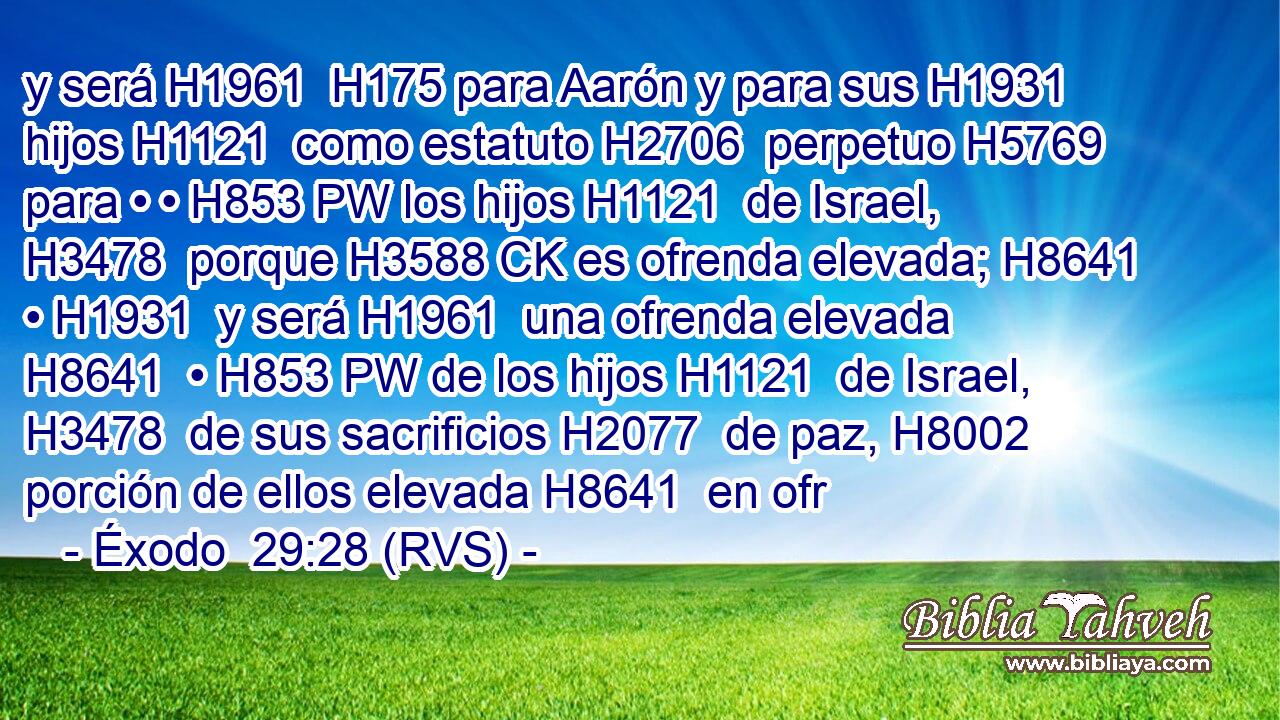 y será H1961  H175 para Aarón y para sus H1931  hijos H1121  como estatuto H2706  perpetuo H5769  para • • H853 PW los hijos H1121  de Israel, H3478  porque H3588 CK es ofrenda elevada; H8641  • H1931  y será H1961  una ofrenda elevada H8641  • H853 PW de los hijos H1121  de Israel, H3478  de sus sacrificios H2077  de paz, H8002  porción de ellos elevada H8641  en ofr