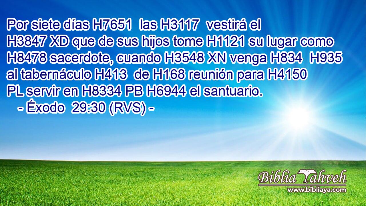 Por siete días H7651  las H3117  vestirá el H3847 XD que de sus hijos tome H1121 su lugar como H8478 sacerdote, cuando H3548 XN venga H834  H935 al tabernáculo H413  de H168 reunión para H4150 PL servir en H8334 PB H6944 el santuario. 