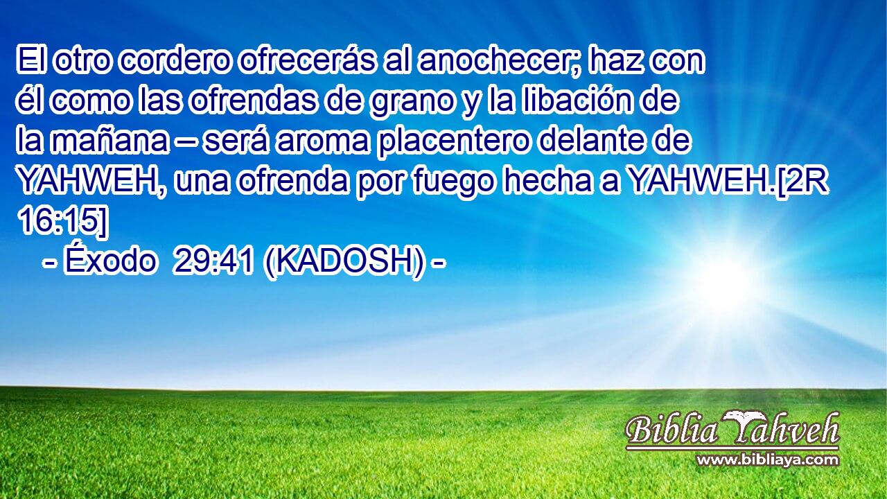  El otro cordero ofrecerás al anochecer; haz con él como las ofrendas de grano y la libación de la mañana – será aroma placentero delante de YAHWEH, una ofrenda por fuego hecha a YAHWEH.[2R 16:15] 