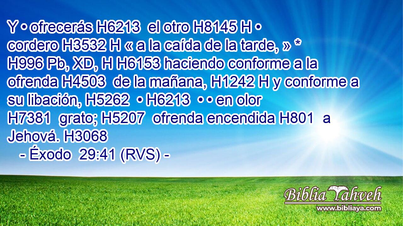 Y • ofrecerás H6213  el otro H8145 H • cordero H3532 H « a la caída de la tarde, » * H996 Pb, XD, H H6153 haciendo conforme a la ofrenda H4503  de la mañana, H1242 H y conforme a su libación, H5262  • H6213  • • en olor H7381  grato; H5207  ofrenda encendida H801  a Jehová. H3068  