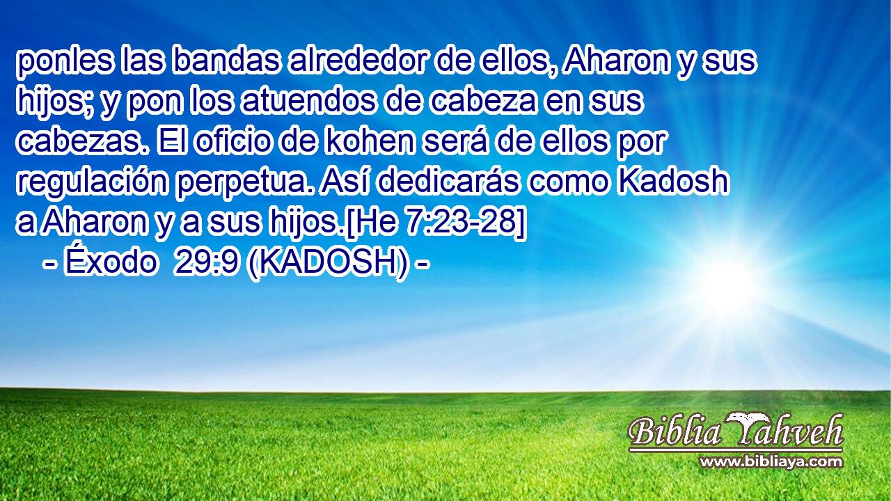  ponles las bandas alrededor de ellos, Aharon y sus hijos; y pon los atuendos de cabeza en sus cabezas. El oficio de kohen será de ellos por regulación perpetua. Así dedicarás como Kadosh a Aharon y a sus hijos.[He 7:23-28] 