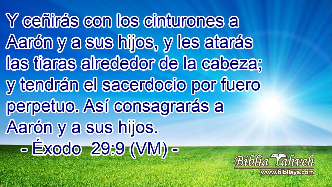  Y ceñirás con los cinturones a Aarón y a sus hijos, y les atarás las tiaras alrededor de la cabeza; y tendrán el sacerdocio por fuero perpetuo. Así consagrarás a Aarón y a sus hijos. 