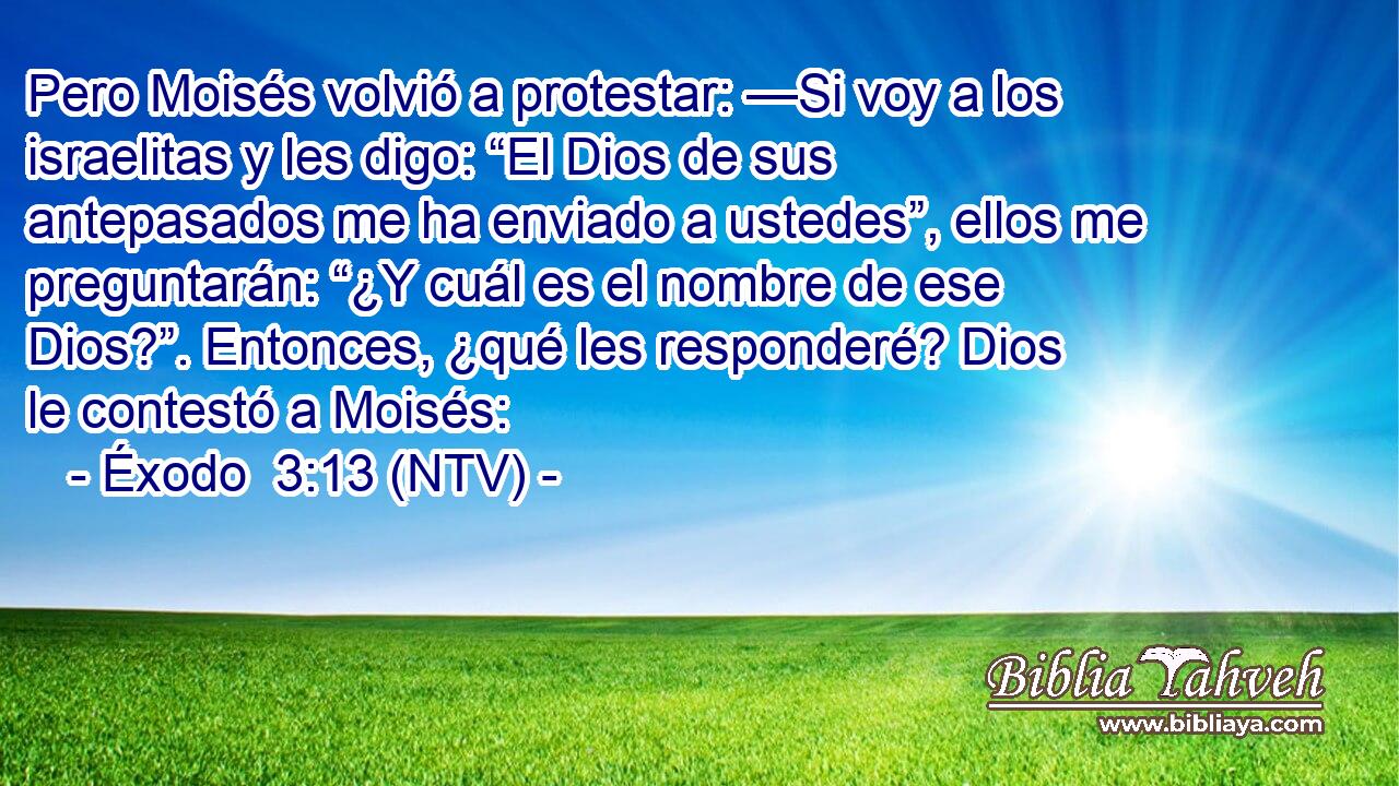 Pero Moisés volvió a protestar: —Si voy a los israelitas y les digo: “El Dios de sus antepasados me ha enviado a ustedes”, ellos me preguntarán: “¿Y cuál es el nombre de ese Dios?”. Entonces, ¿qué les responderé? Dios le contestó a Moisés: