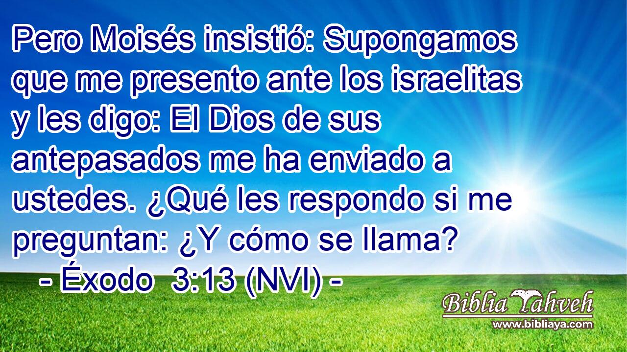  Pero Moisés insistió: Supongamos que me presento ante los israelitas y les digo: El Dios de sus antepasados me ha enviado a ustedes. ¿Qué les respondo si me preguntan: ¿Y cómo se llama? 