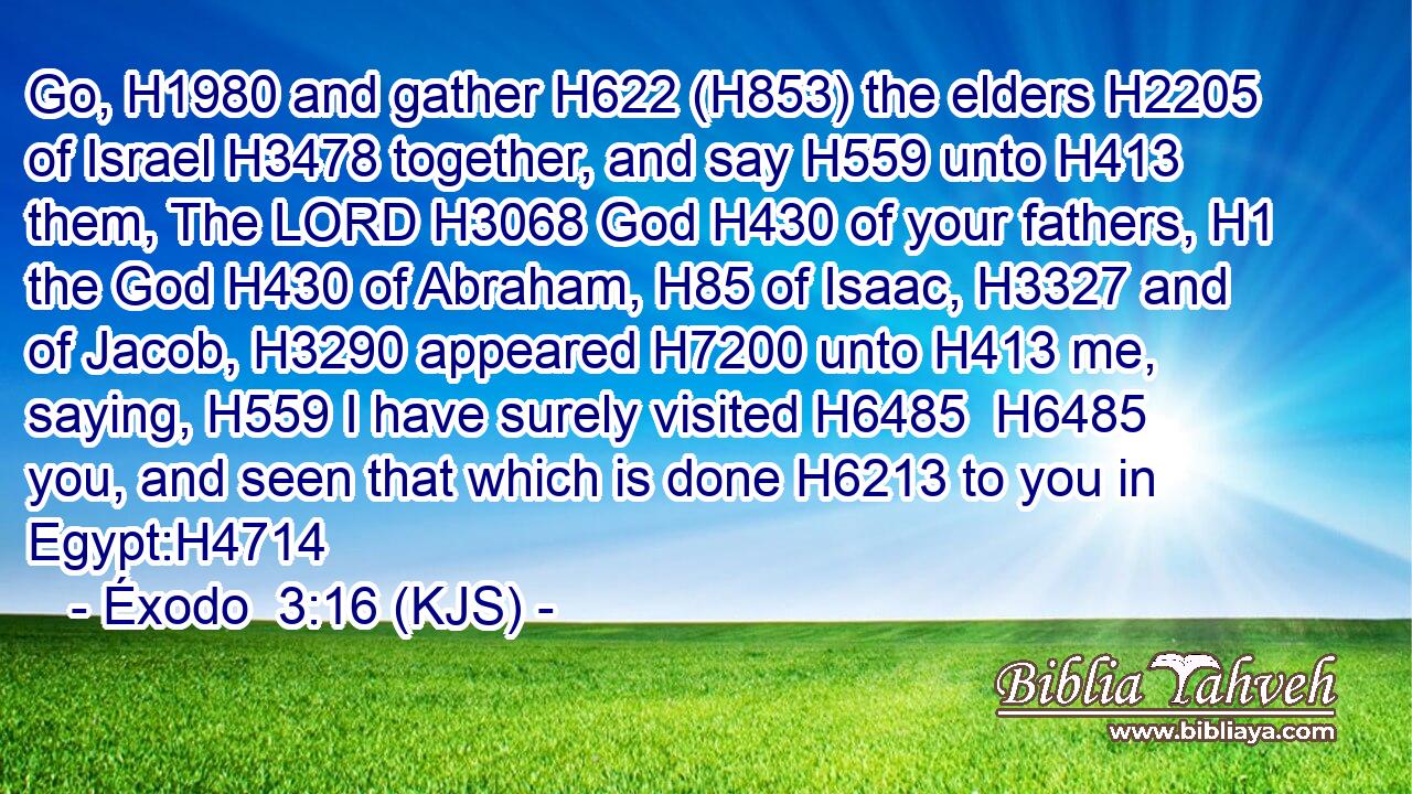 Go, H1980 and gather H622 (H853) the elders H2205 of Israel H3478 together, and say H559 unto H413 them, The LORD H3068 God H430 of your fathers, H1 the God H430 of Abraham, H85 of Isaac, H3327 and of Jacob, H3290 appeared H7200 unto H413 me, saying, H559 I have surely visited H6485  H6485 you, and seen that which is done H6213 to you in Egypt:H4714