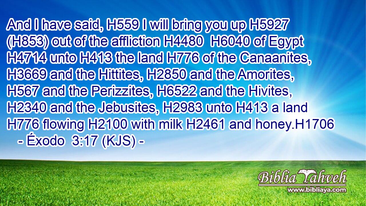 And I have said, H559 I will bring you up H5927 (H853) out of the affliction H4480  H6040 of Egypt H4714 unto H413 the land H776 of the Canaanites, H3669 and the Hittites, H2850 and the Amorites, H567 and the Perizzites, H6522 and the Hivites, H2340 and the Jebusites, H2983 unto H413 a land H776 flowing H2100 with milk H2461 and honey.H1706