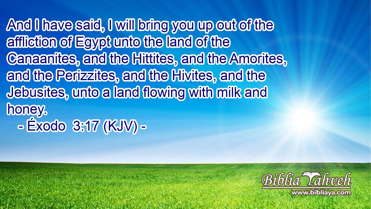 And I have said, I will bring you up out of the affliction of Egypt unto the land of the Canaanites, and the Hittites, and the Amorites, and the Perizzites, and the Hivites, and the Jebusites, unto a land flowing with milk and honey.