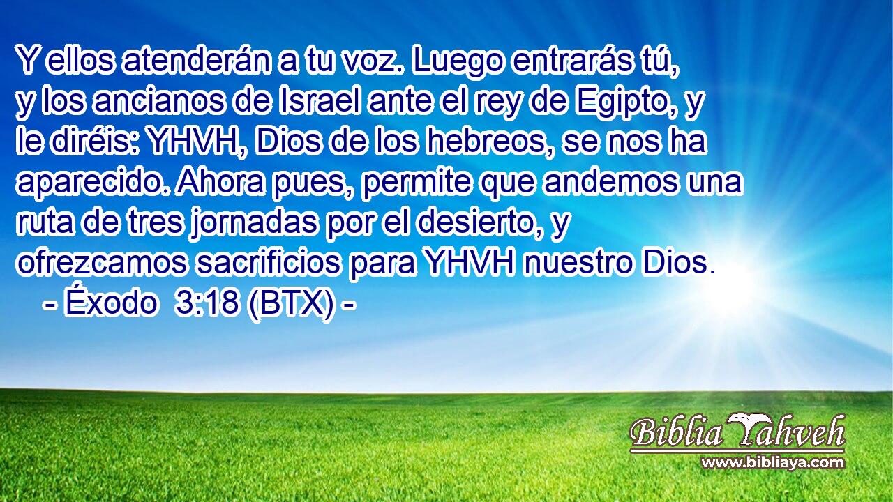 Y ellos atenderán a tu voz. Luego entrarás tú, y los ancianos de Israel ante el rey de Egipto, y le diréis: YHVH, Dios de los hebreos, se nos ha aparecido. Ahora pues, permite que andemos una ruta de tres jornadas por el desierto, y ofrezcamos sacrificios para YHVH nuestro Dios.