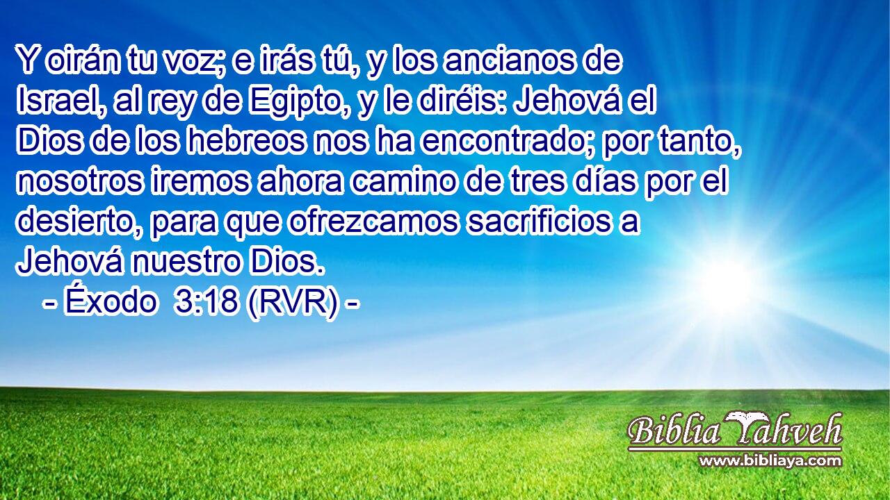 Y oirán tu voz; e irás tú, y los ancianos de Israel, al rey de Egipto, y le diréis: Jehová el Dios de los hebreos nos ha encontrado; por tanto, nosotros iremos ahora camino de tres días por el desierto, para que ofrezcamos sacrificios a Jehová nuestro Dios.