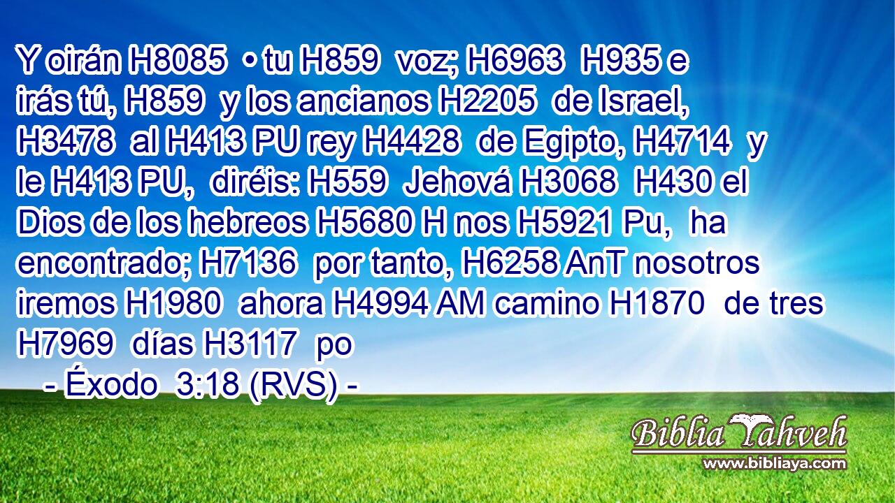 Y oirán H8085  • tu H859  voz; H6963  H935 e irás tú, H859  y los ancianos H2205  de Israel, H3478  al H413 PU rey H4428  de Egipto, H4714  y le H413 PU,  diréis: H559  Jehová H3068  H430 el Dios de los hebreos H5680 H nos H5921 Pu,  ha encontrado; H7136  por tanto, H6258 AnT nosotros iremos H1980  ahora H4994 AM camino H1870  de tres H7969  días H3117  po