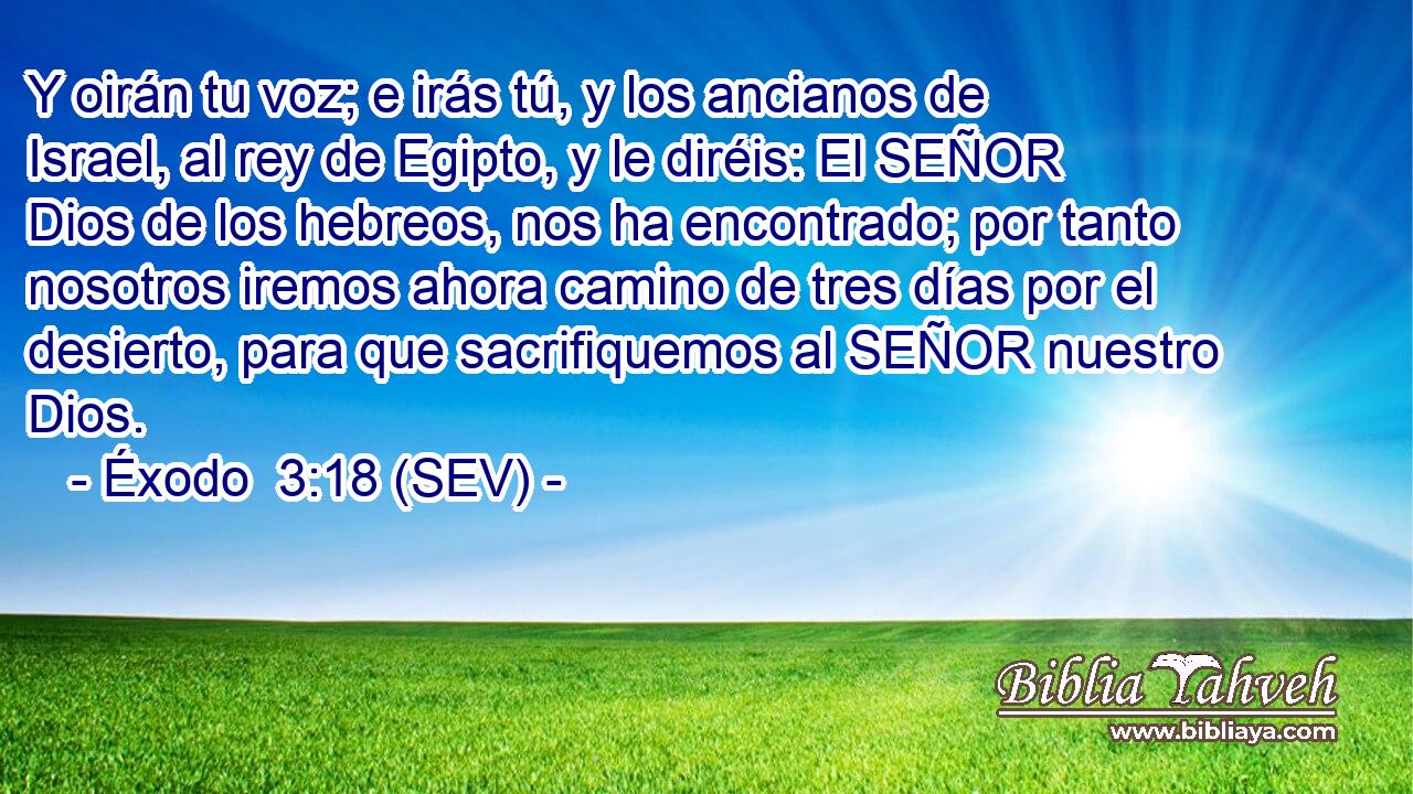Y oirán tu voz; e irás tú, y los ancianos de Israel, al rey de Egipto, y le diréis: El SEÑOR Dios de los hebreos, nos ha encontrado; por tanto nosotros iremos ahora camino de tres días por el desierto, para que sacrifiquemos al SEÑOR nuestro Dios.