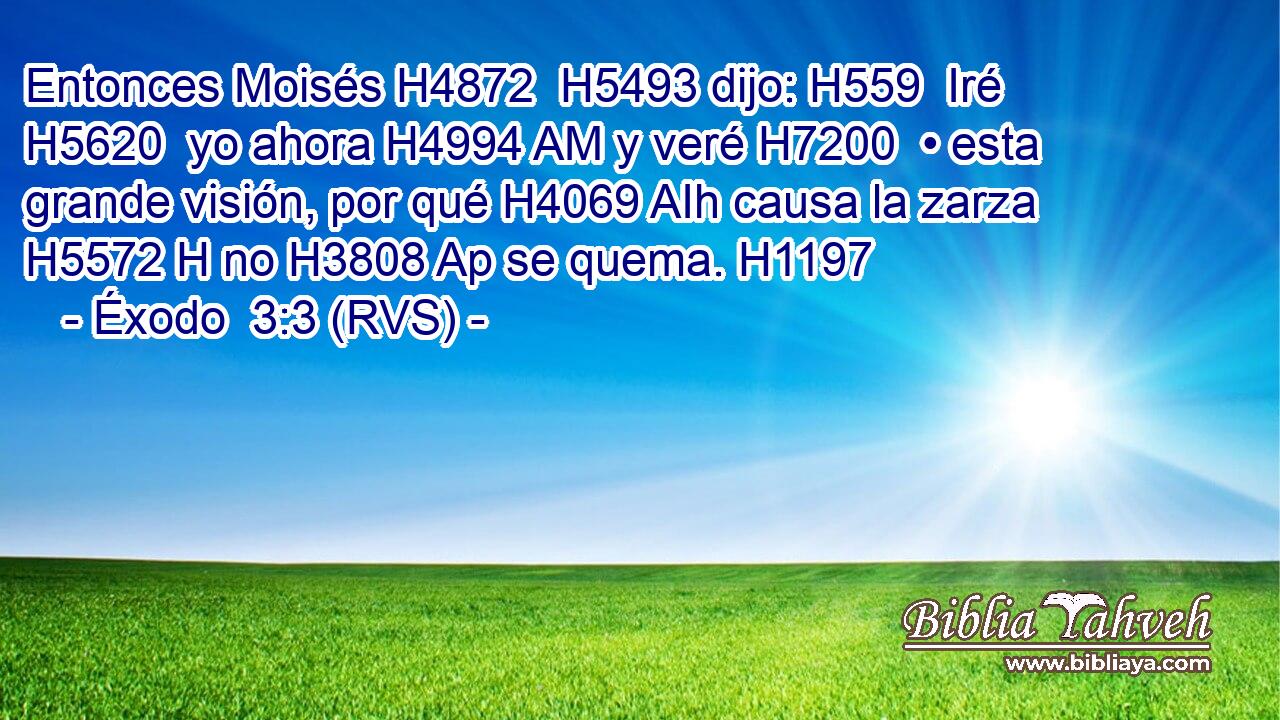 Entonces Moisés H4872  H5493 dijo: H559  Iré H5620  yo ahora H4994 AM y veré H7200  • esta grande visión, por qué H4069 AIh causa la zarza H5572 H no H3808 Ap se quema. H1197  
