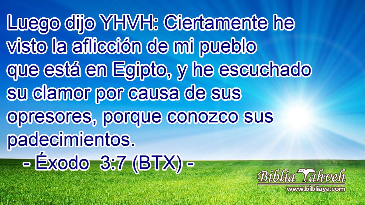 Luego dijo YHVH: Ciertamente he visto la aflicción de mi pueblo que está en Egipto, y he escuchado su clamor por causa de sus opresores, porque conozco sus padecimientos.