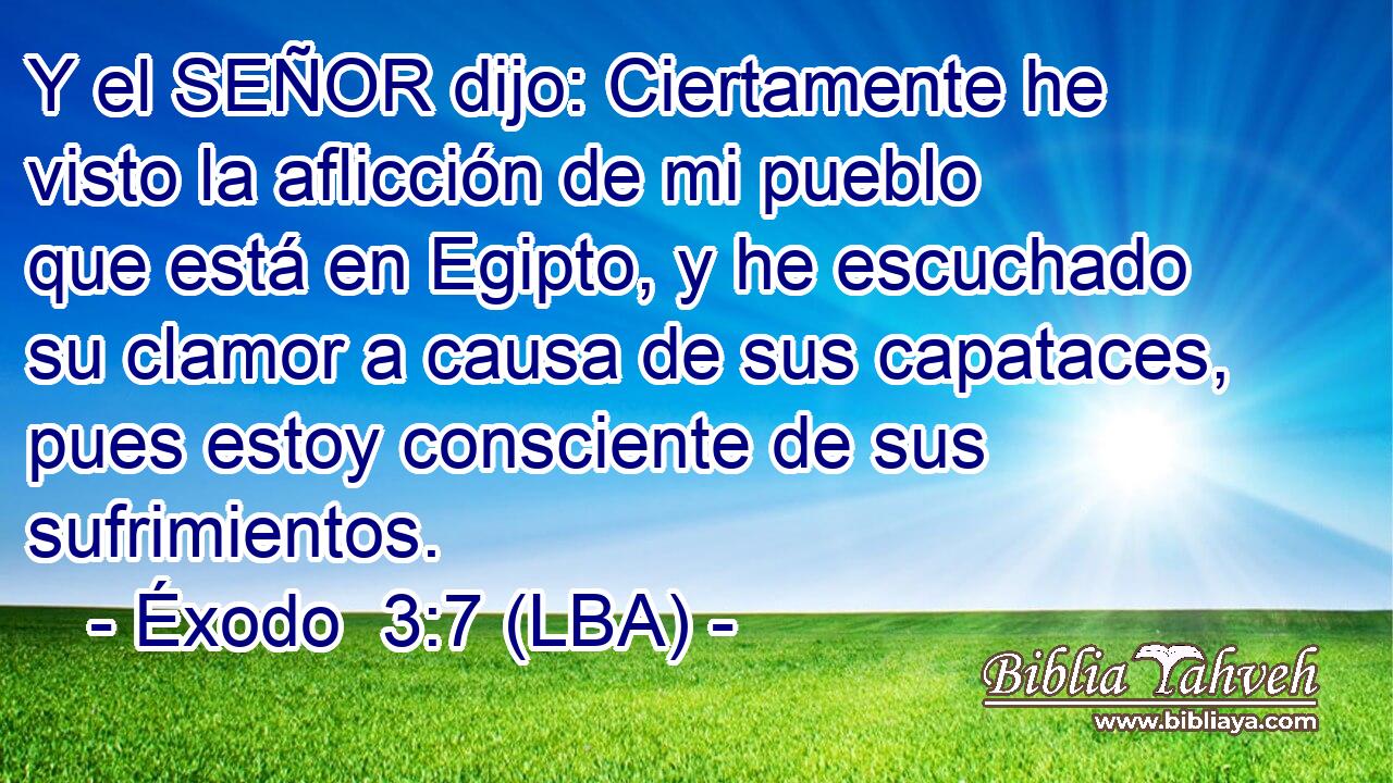 Y el SEÑOR dijo: Ciertamente he visto la aflicción de mi pueblo que está en Egipto, y he escuchado su clamor a causa de sus capataces, pues estoy consciente de sus sufrimientos.