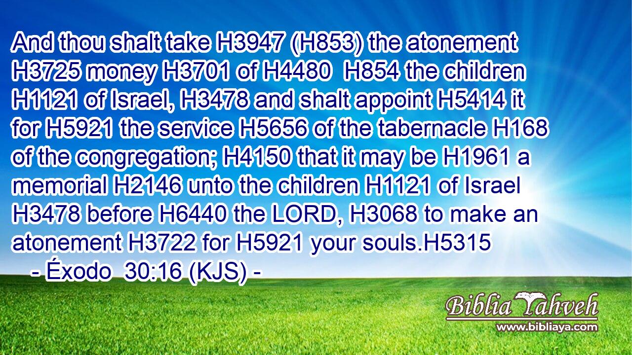 And thou shalt take H3947 (H853) the atonement H3725 money H3701 of H4480  H854 the children H1121 of Israel, H3478 and shalt appoint H5414 it for H5921 the service H5656 of the tabernacle H168 of the congregation; H4150 that it may be H1961 a memorial H2146 unto the children H1121 of Israel H3478 before H6440 the LORD, H3068 to make an atonement H3722 for H5921 your souls.H5315