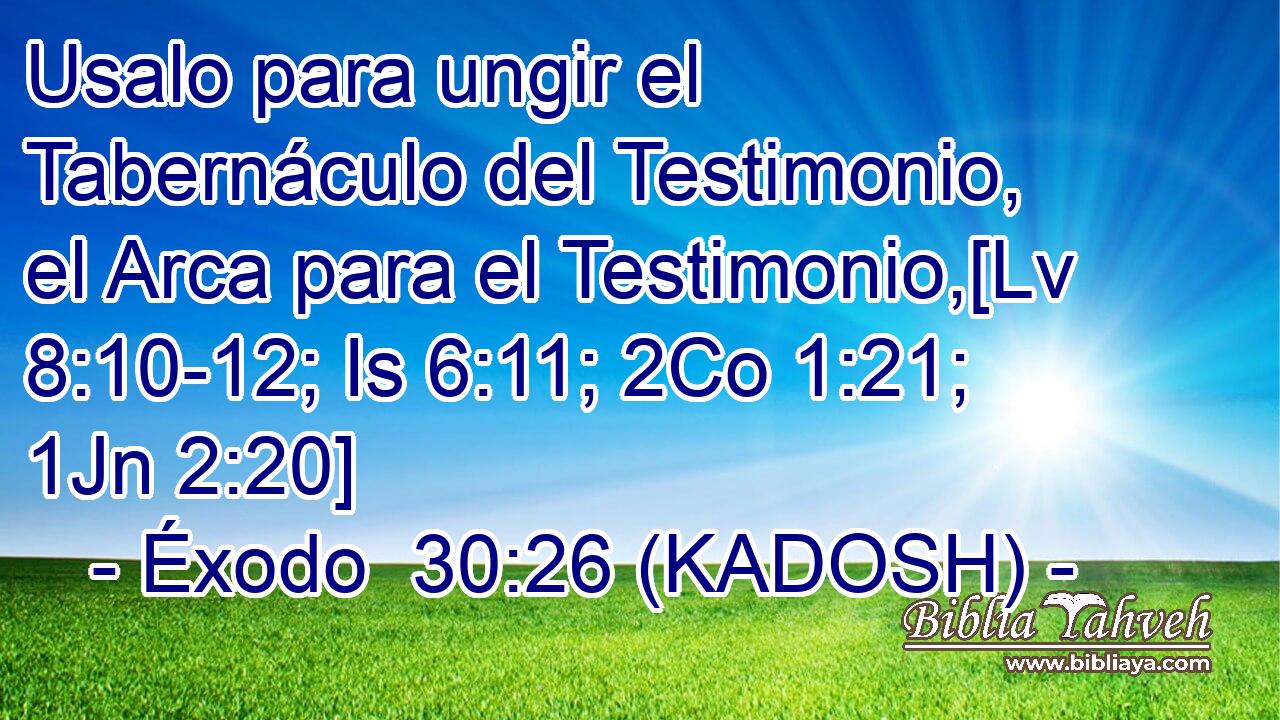  Usalo para ungir el Tabernáculo del Testimonio, el Arca para el Testimonio,[Lv 8:10-12; Is 6:11; 2Co 1:21; 1Jn 2:20] 