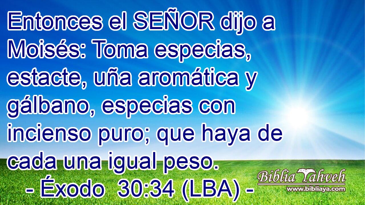 Entonces el SEÑOR dijo a Moisés: Toma especias, estacte, uña aromática y gálbano, especias con incienso puro; que haya de cada una igual peso.