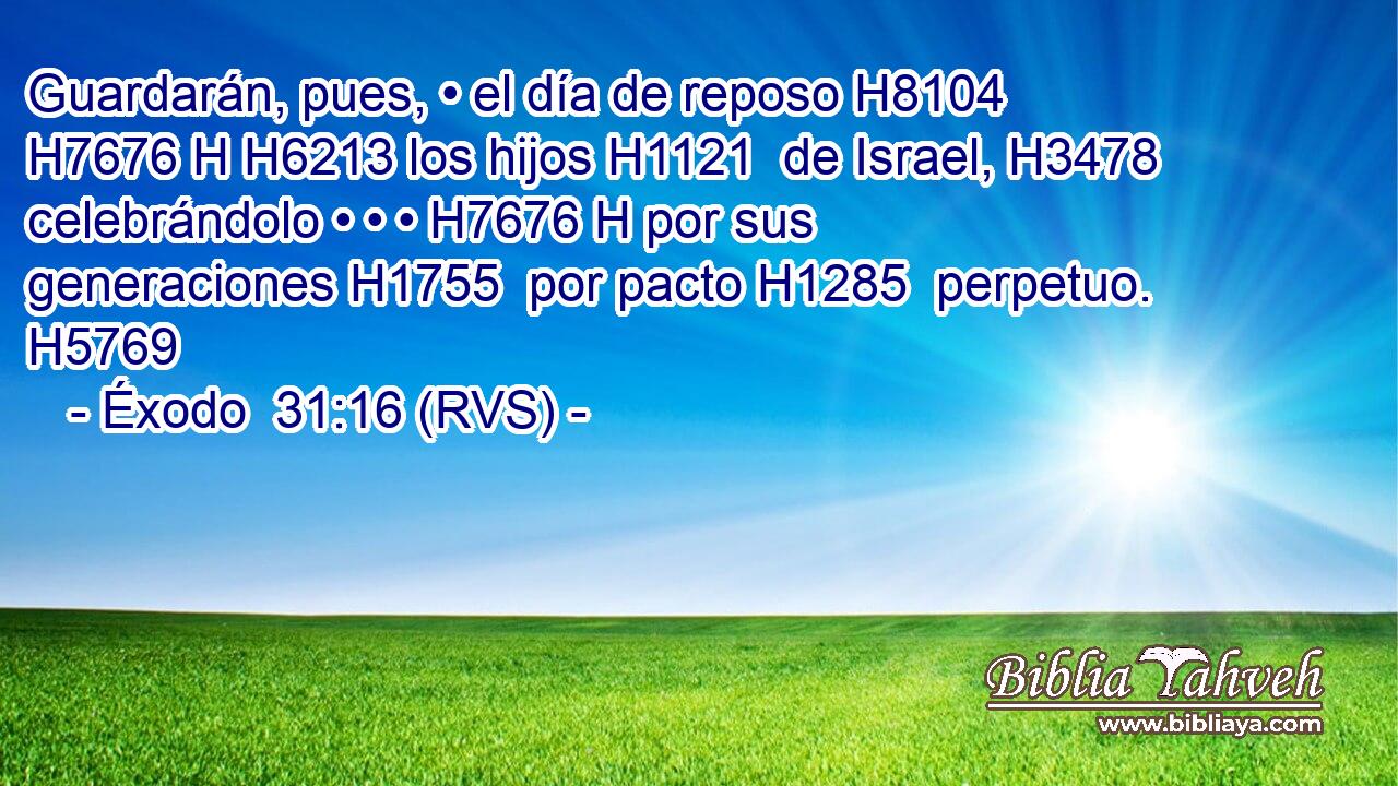 Guardarán, pues, • el día de reposo H8104 H7676 H H6213 los hijos H1121  de Israel, H3478  celebrándolo • • • H7676 H por sus generaciones H1755  por pacto H1285  perpetuo. H5769  