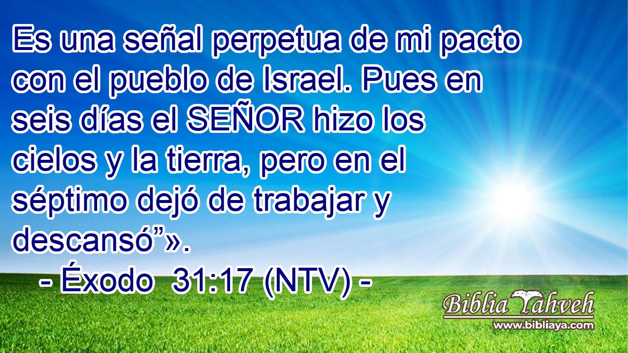 Es una señal perpetua de mi pacto con el pueblo de Israel. Pues en seis días el SEÑOR hizo los cielos y la tierra, pero en el séptimo dejó de trabajar y descansó”».