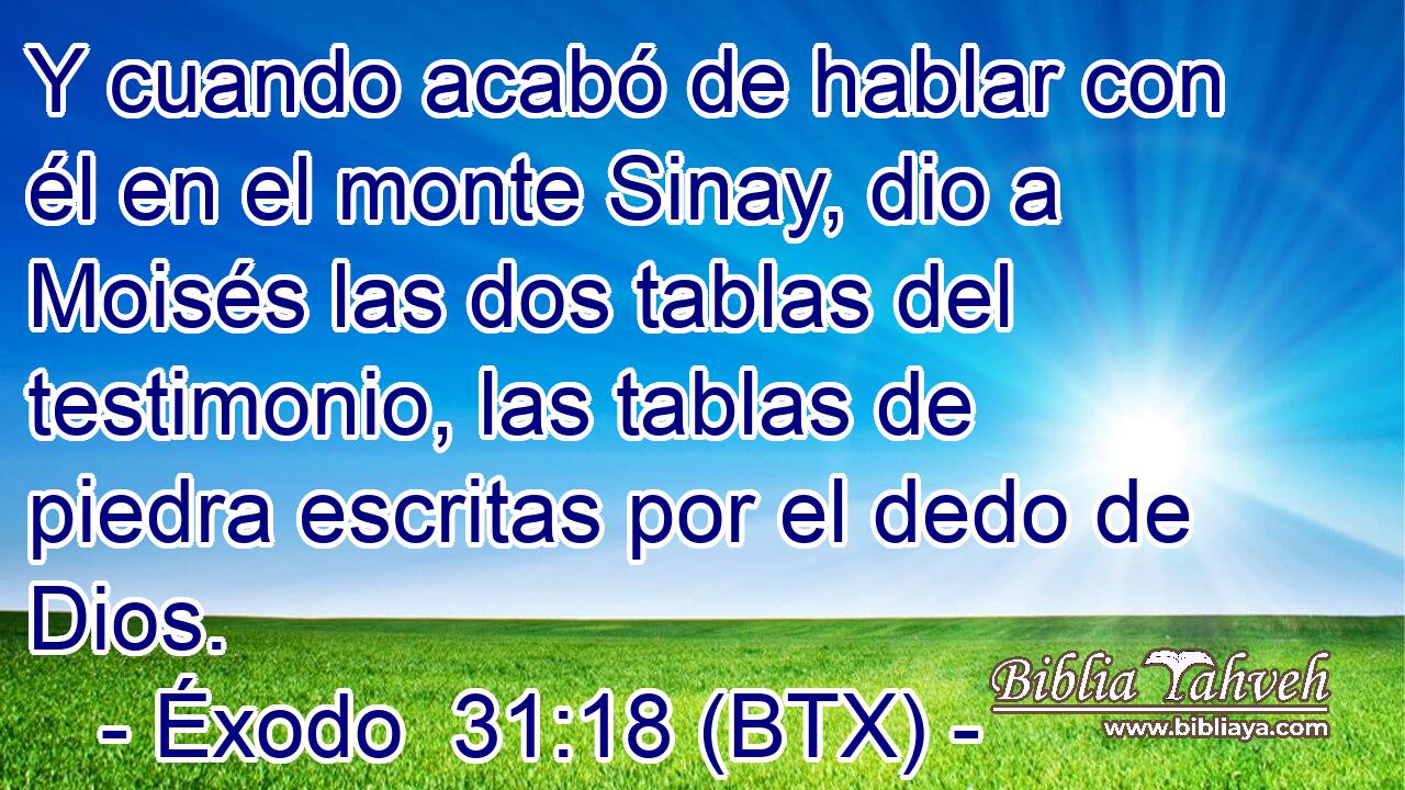 Y cuando acabó de hablar con él en el monte Sinay, dio a Moisés las dos tablas del testimonio, las tablas de piedra escritas por el dedo de Dios.