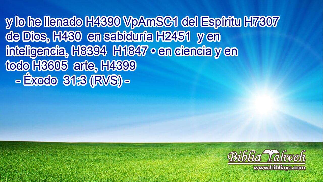 y lo he llenado H4390 VpAmSC1 del Espíritu H7307  de Dios, H430  en sabiduría H2451  y en inteligencia, H8394  H1847 • en ciencia y en todo H3605  arte, H4399  