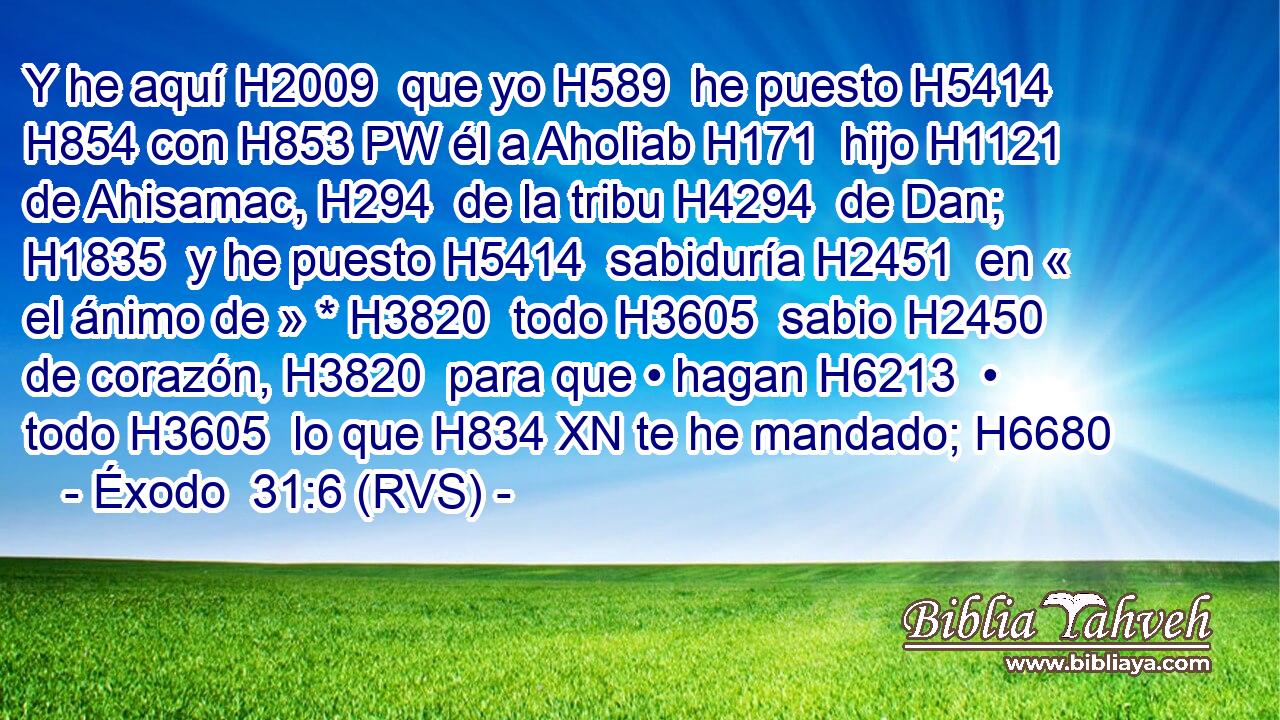 Y he aquí H2009  que yo H589  he puesto H5414  H854 con H853 PW él a Aholiab H171  hijo H1121  de Ahisamac, H294  de la tribu H4294  de Dan; H1835  y he puesto H5414  sabiduría H2451  en « el ánimo de » * H3820  todo H3605  sabio H2450  de corazón, H3820  para que • hagan H6213  • todo H3605  lo que H834 XN te he mandado; H6680  