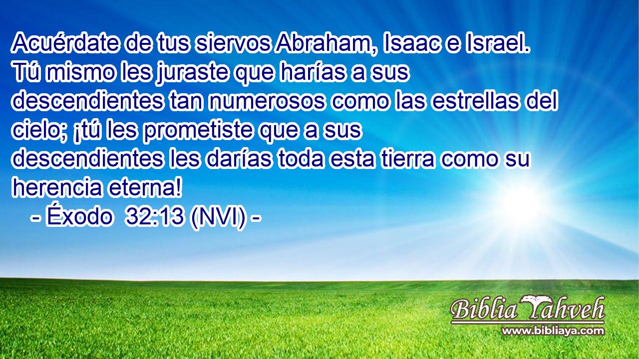  Acuérdate de tus siervos Abraham, Isaac e Israel. Tú mismo les juraste que harías a sus descendientes tan numerosos como las estrellas del cielo; ¡tú les prometiste que a sus descendientes les darías toda esta tierra como su herencia eterna! 