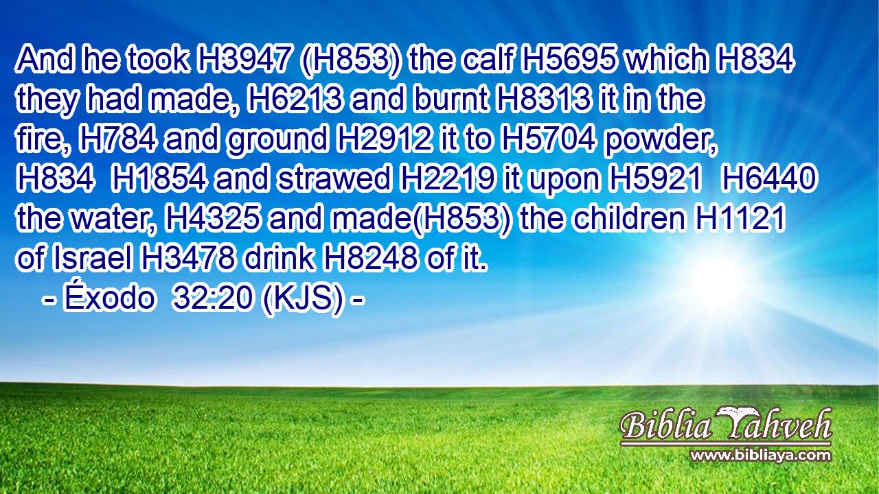 And he took H3947 (H853) the calf H5695 which H834 they had made, H6213 and burnt H8313 it in the fire, H784 and ground H2912 it to H5704 powder, H834  H1854 and strawed H2219 it upon H5921  H6440 the water, H4325 and made(H853) the children H1121 of Israel H3478 drink H8248 of it.