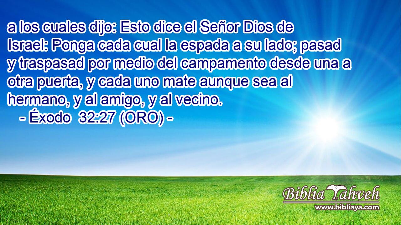  a los cuales dijo: Esto dice el Señor Dios de Israel: Ponga cada cual la espada a su lado; pasad y traspasad por medio del campamento desde una a otra puerta, y cada uno mate aunque sea al hermano, y al amigo, y al vecino. 