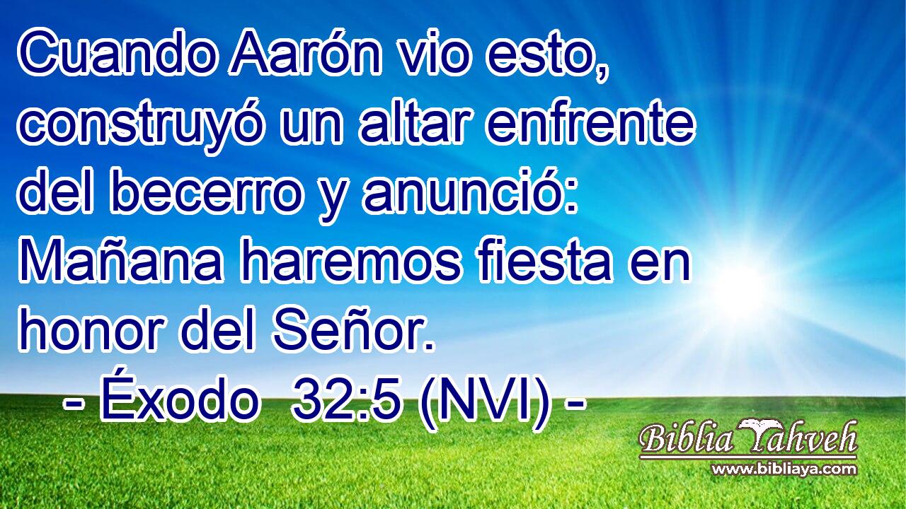  Cuando Aarón vio esto, construyó un altar enfrente del becerro y anunció: Mañana haremos fiesta en honor del Señor. 