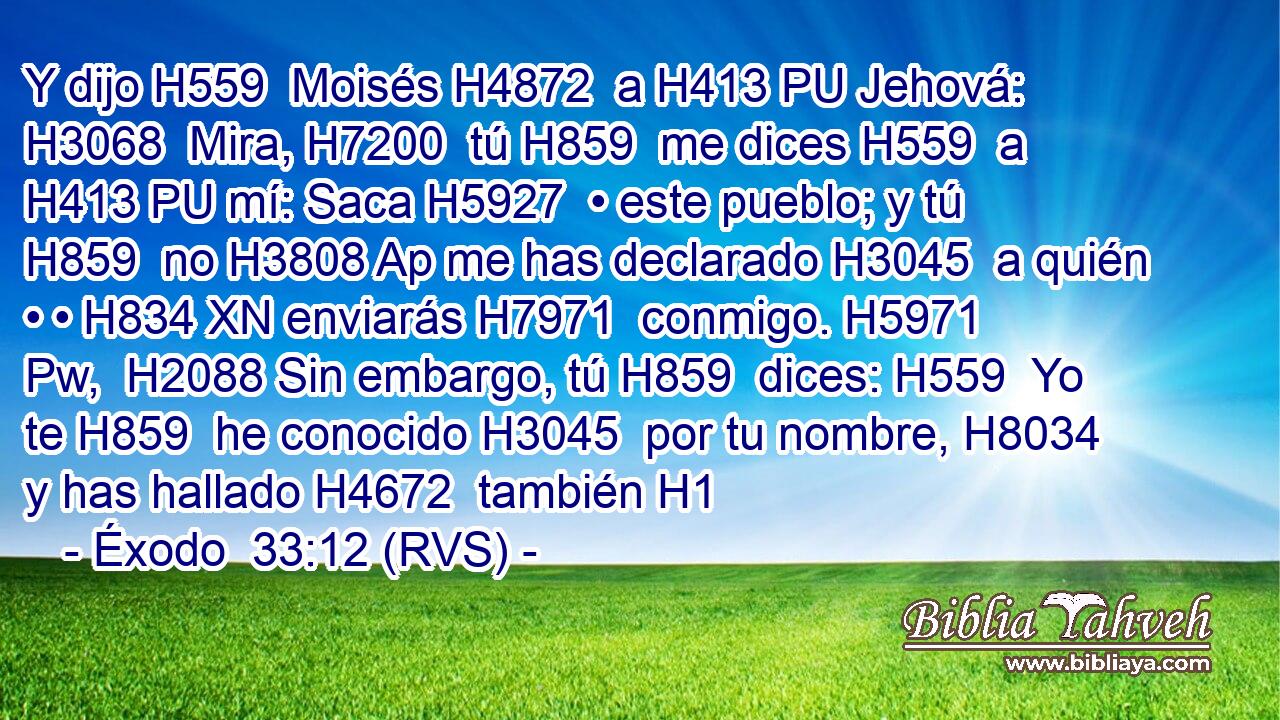 Y dijo H559  Moisés H4872  a H413 PU Jehová: H3068  Mira, H7200  tú H859  me dices H559  a H413 PU mí: Saca H5927  • este pueblo; y tú H859  no H3808 Ap me has declarado H3045  a quién • • H834 XN enviarás H7971  conmigo. H5971 Pw,  H2088 Sin embargo, tú H859  dices: H559  Yo te H859  he conocido H3045  por tu nombre, H8034  y has hallado H4672  también H1