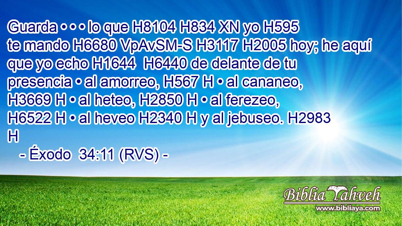 Guarda • • • lo que H8104 H834 XN yo H595  te mando H6680 VpAvSM-S H3117 H2005 hoy; he aquí que yo echo H1644  H6440 de delante de tu presencia • al amorreo, H567 H • al cananeo, H3669 H • al heteo, H2850 H • al ferezeo, H6522 H • al heveo H2340 H y al jebuseo. H2983 H 