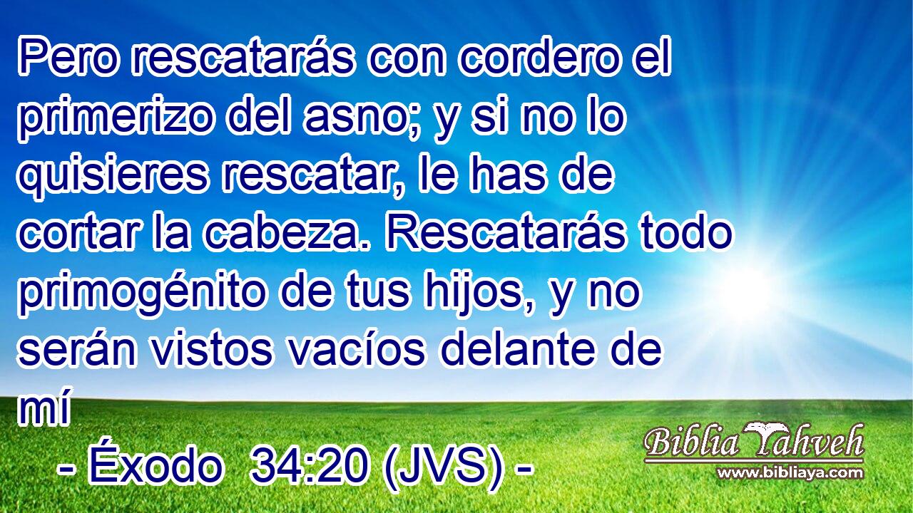Pero rescatarás con cordero el primerizo del asno; y si no lo quisieres rescatar, le has de cortar la cabeza. Rescatarás todo primogénito de tus hijos, y no serán vistos vacíos delante de mí