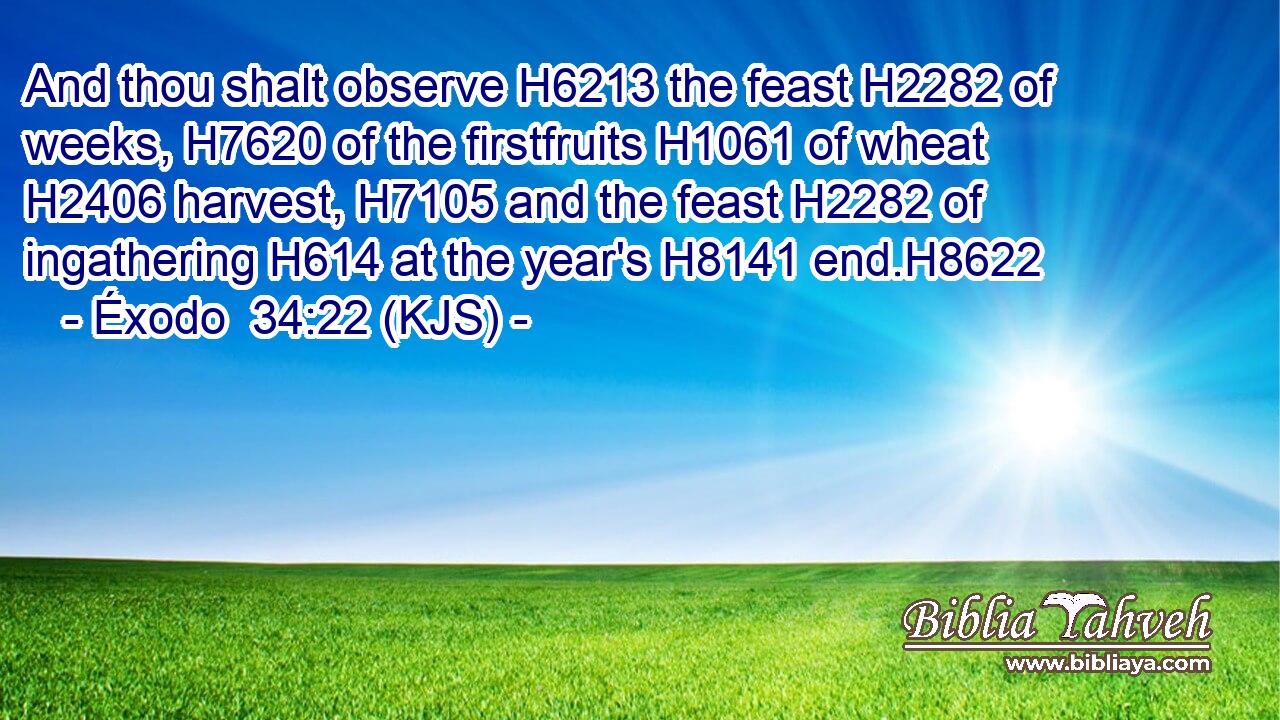 And thou shalt observe H6213 the feast H2282 of weeks, H7620 of the firstfruits H1061 of wheat H2406 harvest, H7105 and the feast H2282 of ingathering H614 at the year's H8141 end.H8622