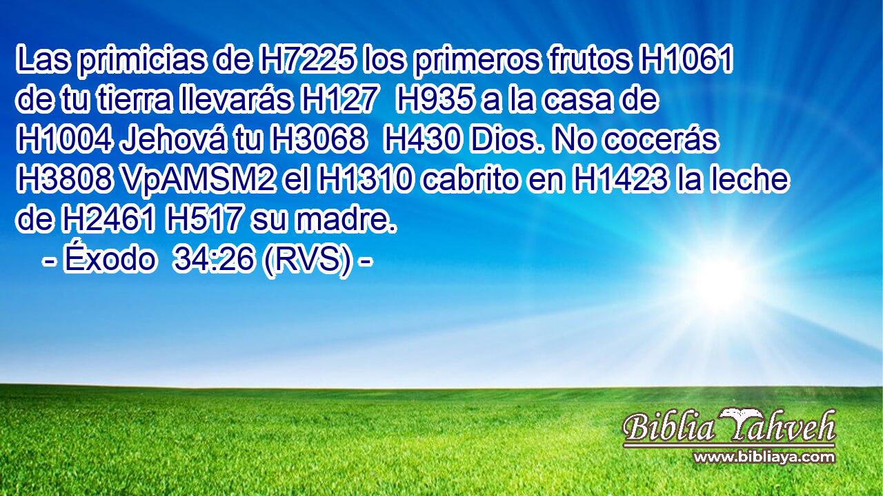 Las primicias de H7225 los primeros frutos H1061 de tu tierra llevarás H127  H935 a la casa de H1004 Jehová tu H3068  H430 Dios. No cocerás H3808 VpAMSM2 el H1310 cabrito en H1423 la leche de H2461 H517 su madre. 