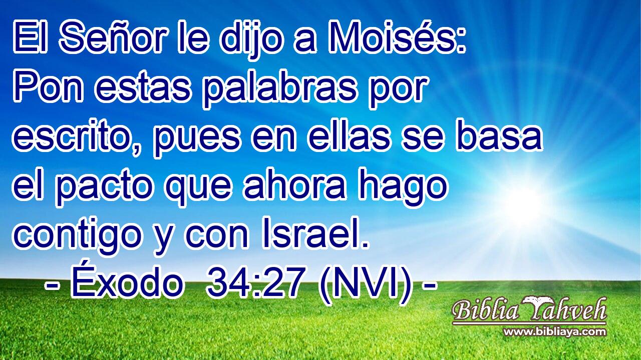  El Señor le dijo a Moisés: Pon estas palabras por escrito, pues en ellas se basa el pacto que ahora hago contigo y con Israel. 