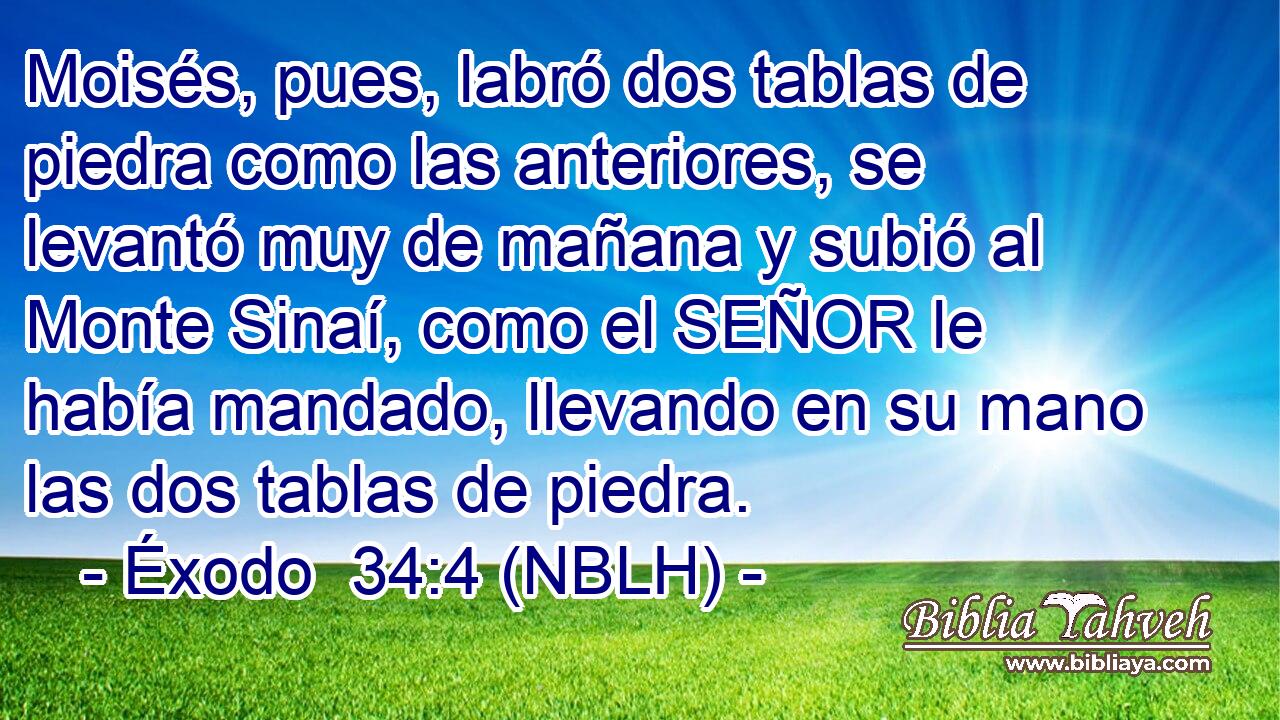  Moisés, pues, labró dos tablas de piedra como las anteriores, se levantó muy de mañana y subió al Monte Sinaí, como el SEÑOR le había mandado, llevando en su mano las dos tablas de piedra. 